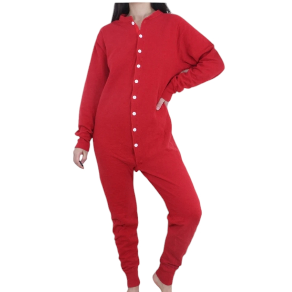 LLBean union suit, red, button front, long sleeved, drop seat, thermal underwear